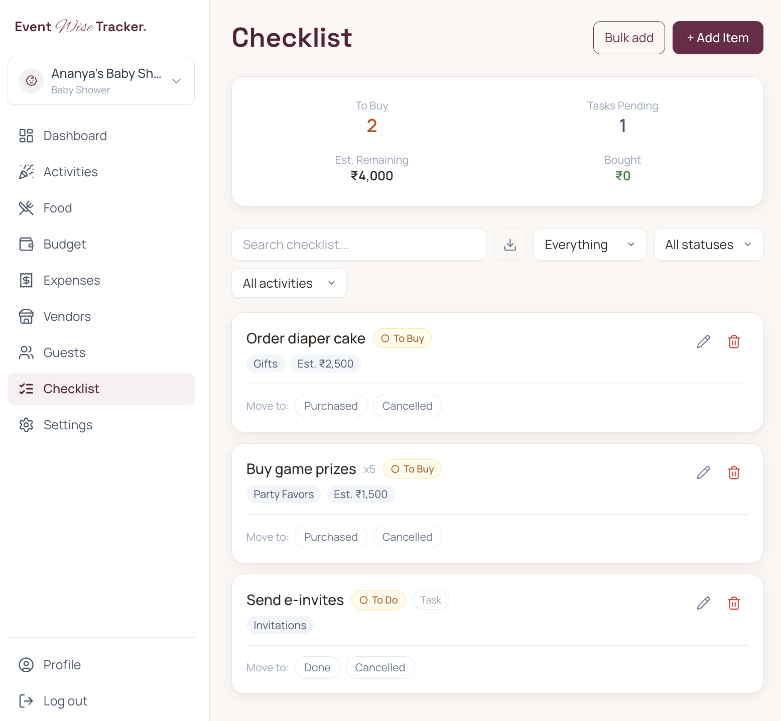 Checklist with to-buy items and to-do tasks