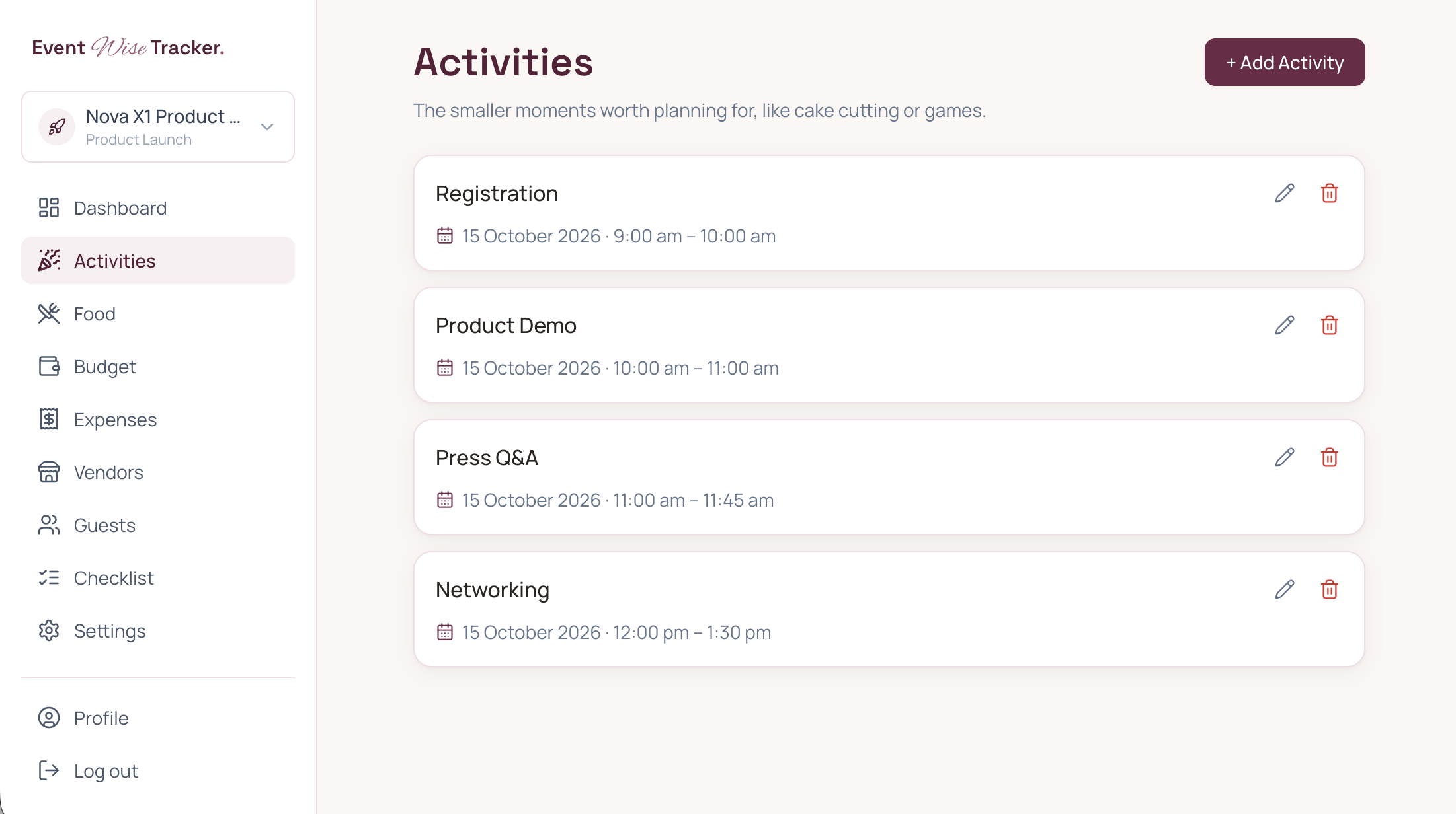 Activities with dates, times, and session details