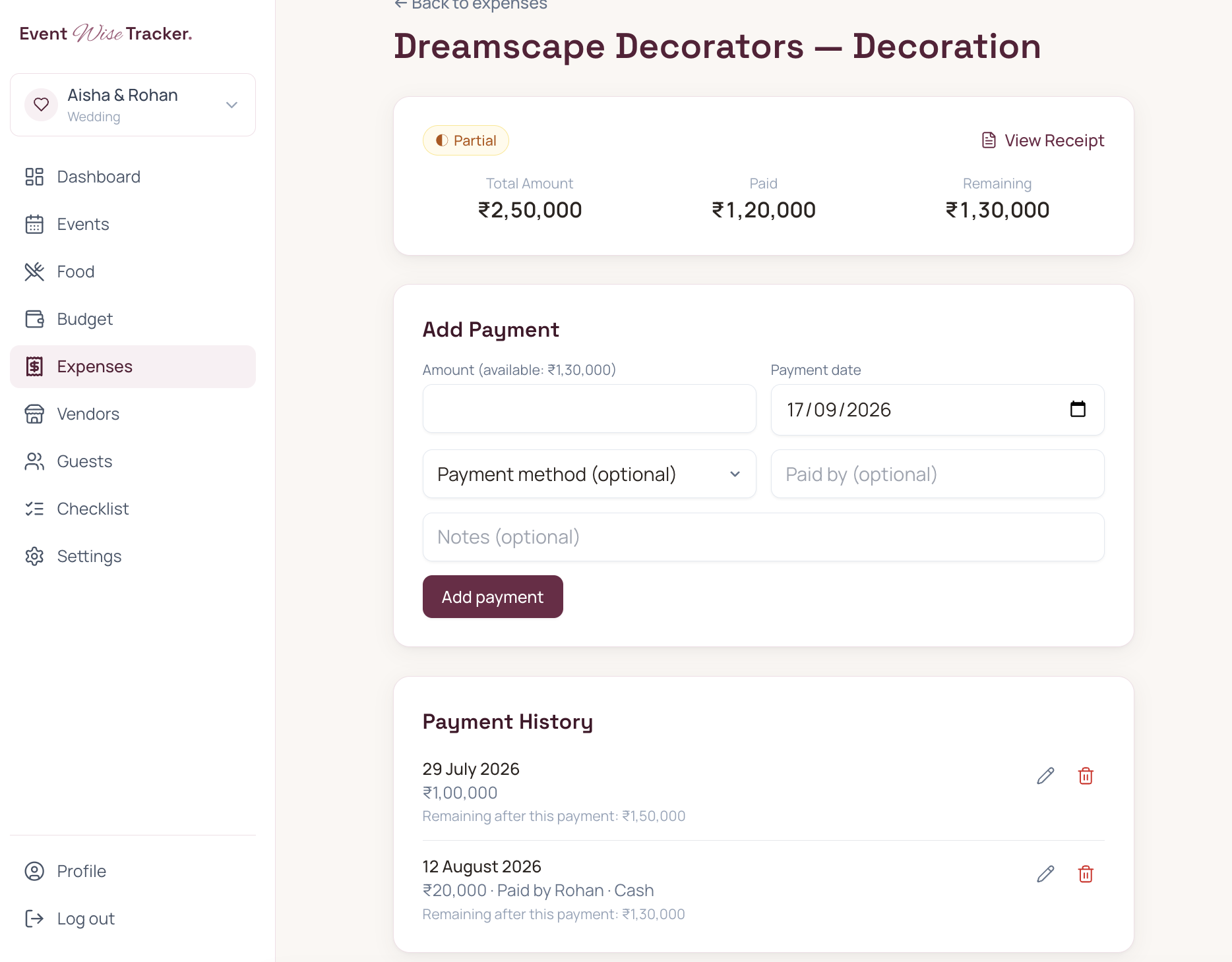 Expense detail with total, paid, remaining, and payment history