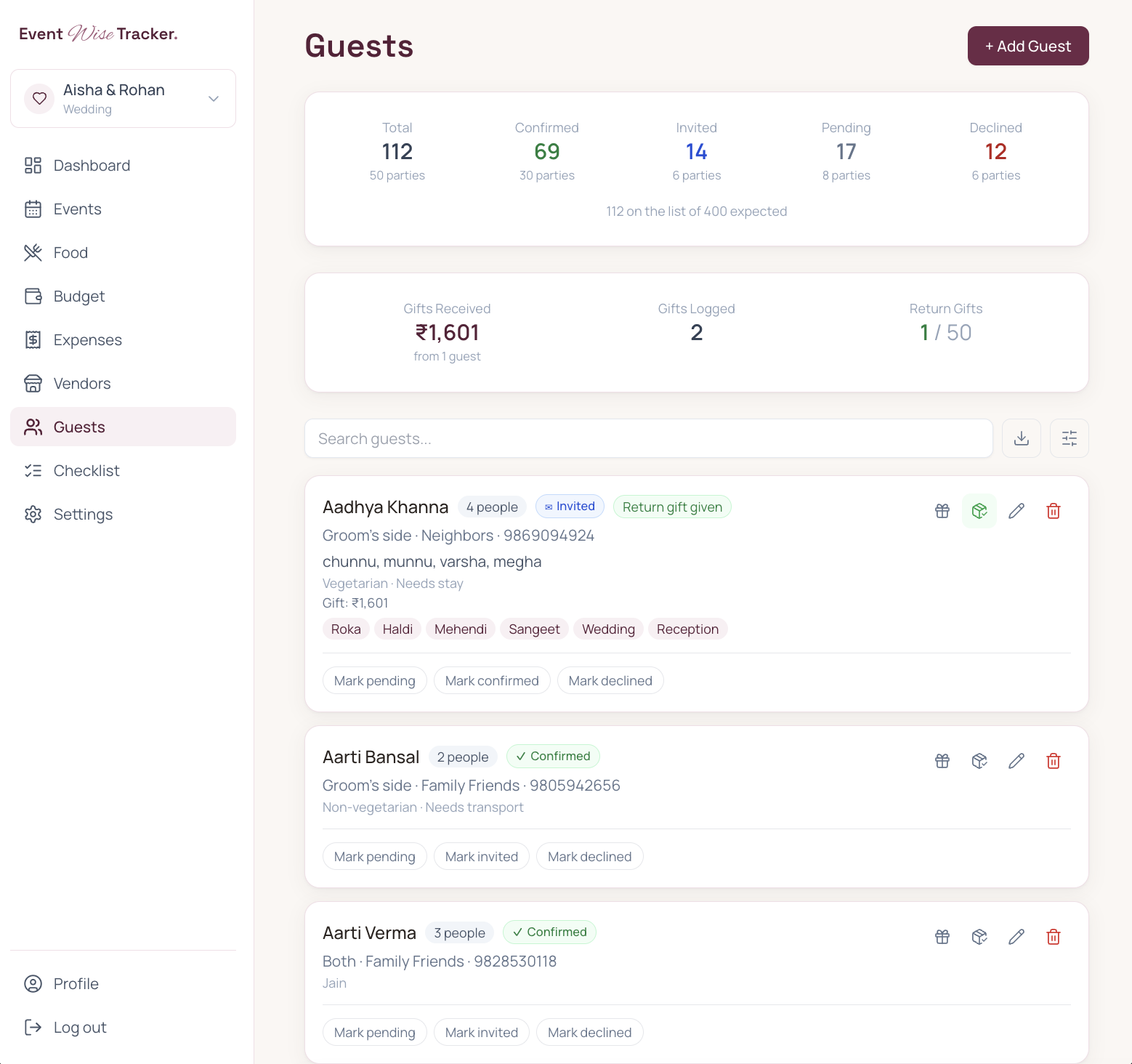 Guest list with attendance, household details, gifts, and return gifts